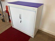 Used Flexiform White Steel 1000mmh x 800mmw x 500mmd Tambour Fronted Cupboards with Purple Perspex Top
