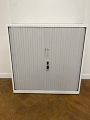 Used Bisley Steel White 1000mmh x 1000mmw x 470mmd Silver Grey Tambour Fronted Cupboard