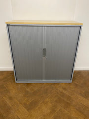 Used Triumph Steel Silver Grey 1200mmh x 1200mmw x 475mmd Tambour Fronted Cupboard with Maple Top