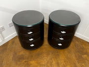 A Pair of Italian Cylindrical 3 Drawer Beside Drawers in Stained Dark Mahogany with Glass Top