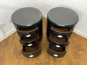 A Pair of Italian Cylindrical 3 Drawer Beside Drawers in Stained Dark Mahogany with Glass Top