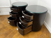 A Pair of Italian Cylindrical 3 Drawer Beside Drawers in Stained Dark Mahogany with Glass Top