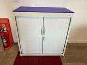 Used Flexiform White Steel 1000mmh x 800mmw x 500mmd Tambour Fronted Cupboards with Purple Perspex Top