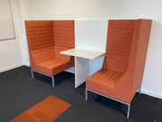 Used Giulio Marelli STRIPES Italian Booth Style Orange Cloth Single Seat Sofas x 2 and White Table