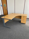 Used Oak 1600mm x 1200mm Corner Work Station with Desk High Pedestal