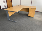 Used Oak 1600mm x 1200mm Corner Work Station with Desk High Pedestal