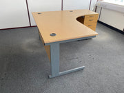 Used Oak 1600mm x 1200mm Corner Work Station with Desk High Pedestal