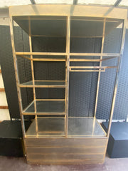 Used Antique Style Brass Framed Glass Shelved Etagere Garment Display 2070mmh x 1200mmw x 450mmd