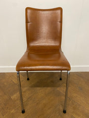 Used Vintage Italian Tan Leather 4 Legged Chrome Stacking Chair (Set of 12)