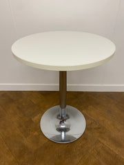 Used White Circular 600mm Diameter Cafe/Bistro Table on a Chrome Column Base